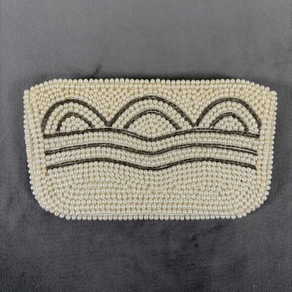 Unbranded Handbags - 1960's Ivory & Grey Beaded Pearl Clutch Evening Hand Bag Purse Japan Vintage